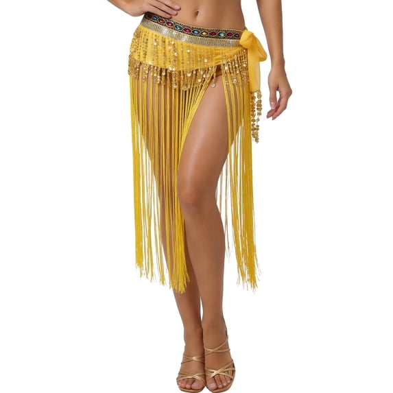 FEOYA Women Belly Dance Hip Scarf with Sequins Long Fringe Wrap Skirts Belt Tassel Scarf Skirt for Performance Carnival Rave Competitions