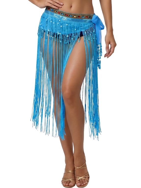 Women Belly Dance Hip Scarf with Sequins Long Fringe Wrap Skirts Belt Tassel Scarf Skirt for Performance Carnival Rave Dance Training