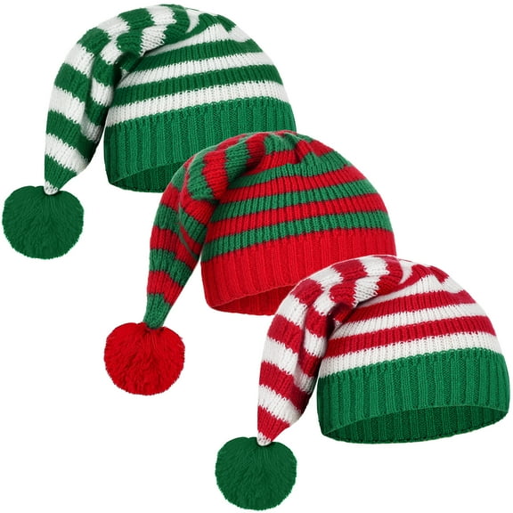 FEOYA Women Christmas Knitted Hats Men Christmas Santa Hats Xmas Elf Winter Beanie Caps Adults Stripe Crochet Caps 3 PCS for New Year Festive Holiday Party