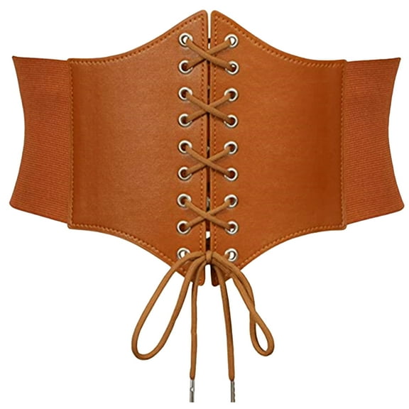 FEOYA Women Corset Belt Brown Vintage Elastic Wide Belt Lace Up Pirate Corset Belt Renaissance Corset Waistband Tied Waspie Belt Black PU Leathers Girdle for Dresses Daily Wear