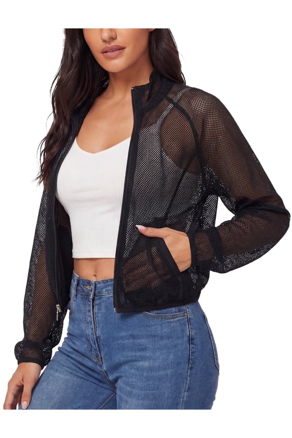 Women Cropped Bomber Jacket Mesh Lightweight Long Sleeve Zip Up Sheer Jackets With Pocket S Black
