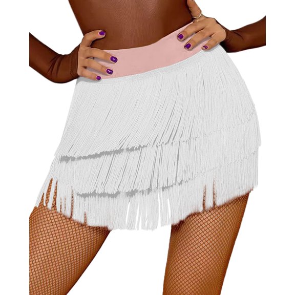 FEOYA Women Fringe Dance Skirt Layered Tassel Latin Dance Skirt Performance Belly Outfits for Salsa Tango Ballroom Festive Rave S