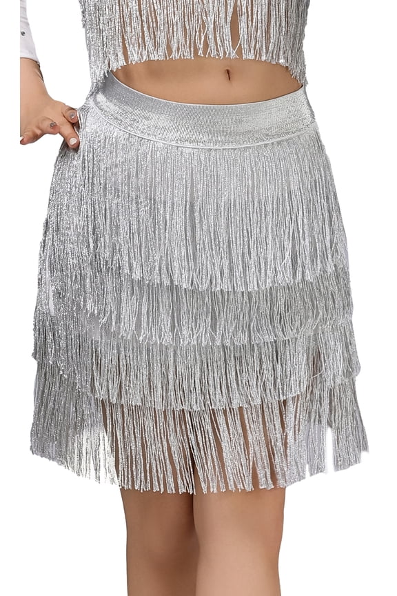 Women Fringe Dance Skirt Multi Layer Tassel Latin Skirts Rave Sparkle Sequin Skirt Ladies Belly Dance Skirt M White