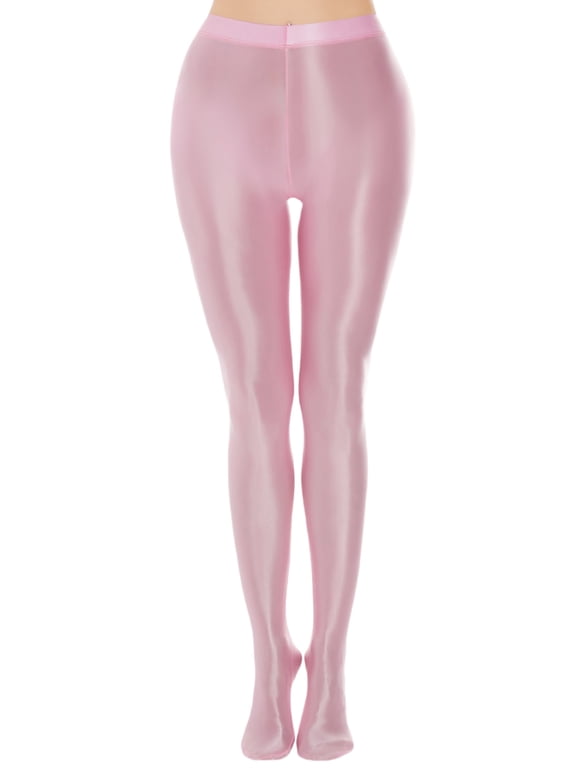 Women Glossy Leggings Oil Shiny Pantyhose Thigh-High Stockings Tights Wet Look Pants Nightclub Pink M for Valentine's Day Gifts