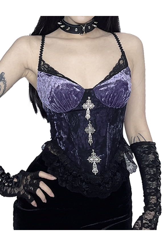 Women Goth Crop Top Girls Gothic Tank Top Y2k Camisole Tops Velvet Cami Crop Tops Lace Punk Spaghetti Strap Top Purple without Cuffs Necklaces M