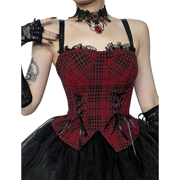 FEOYA Women Goth Tops Red Plaid Gothic Crop Tank Tops Lace Up Cami Corset Spaghetti Strap Top Steampunk Camisole Top Y2k Punk Top Plaid Tank Top Emo without Cuffs Necklaces S