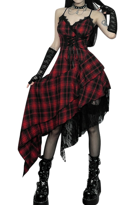 Women Gothic Plaid Dress Punk Goth Dress Lace Up Vintage Dress Grunge Plaid Dress Red Y2k Irregular Halter Dress High Waisted Sleeveless Strap Clothes Steampunk Outfit S
