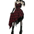thumbnail image 1 of FEOYA Women Gothic Plaid Dress Red Goth Plaid Dress Lace Up Vintage Dress Y2k Punk Grunge Plaid Dress Irregular Halter Dress High Waisted Sleeveless Strap Outfit Steampunk Clothes M, 1 of 6