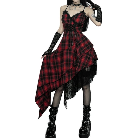 FEOYA Women Gothic Plaid Dress Red Goth Plaid Dress Lace Up Vintage Dress Y2k Punk Grunge Plaid Dress Irregular Halter Dress High Waisted Sleeveless Strap Outfit Steampunk Clothes M