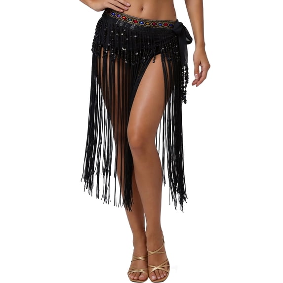 FEOYA Women Hip Scarf Belly Dance Sequin Long Tassel Tie Waist Wrap Skirt for Latin Samba Rave Carnival Zumba