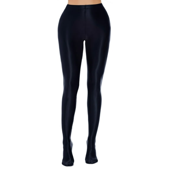 FEOYA Women Hold Up Stockings Shiny Tights Oil Glossy Leggings Wet Look Footed Pants Nightclub Pantyhose Black S