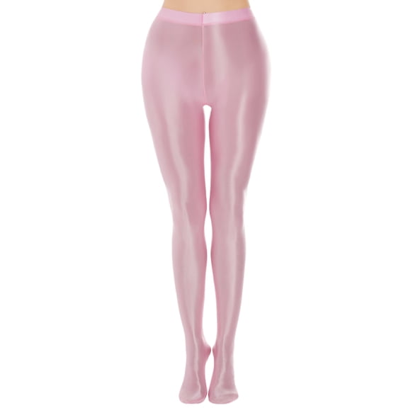 FEOYA Women Hold Up Stockings Shiny Tights Oil Glossy Leggings Wet Look Footed Pants Nightclub Pantyhose Pink S for Valentine's Day Gifts