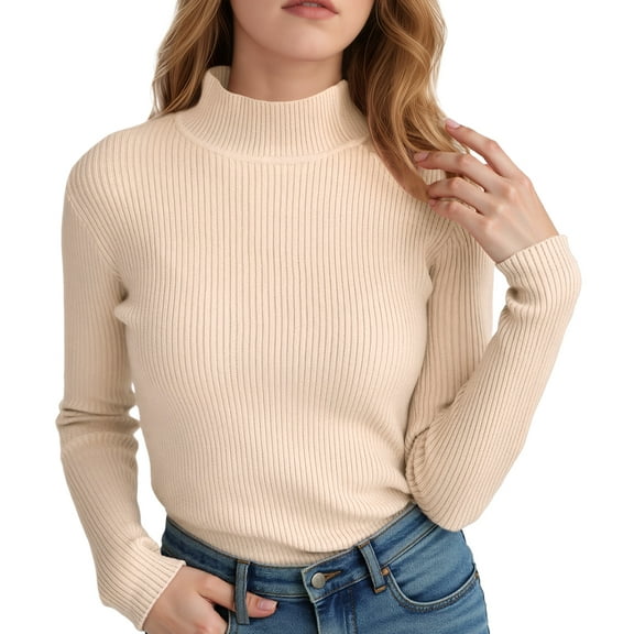 FEOYA Women Knit Sweaters Half Turtleneck Ladies Mock Neck Pullover Top Slim Fitted Fall Long Sleeve Sweater Beige