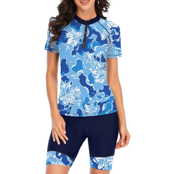 FEOYA Women Modest Rash Guard Two Piece Ladies Tankini Bathing Suit Half Zip Short Sleeve Swim Shirt with Boyshorts UPF 50 Surfing Swimwear Floral 2 Piece Swimsuits Set L