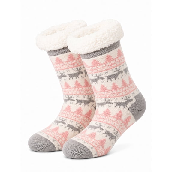FEOYA Women Non Slip Slipper Socks Winter Thick Cozy Floor Socks with Grippers Fuzzy Indoor Warm Socks Christmas Elk Gray for Xmas New Year Gifts Daily