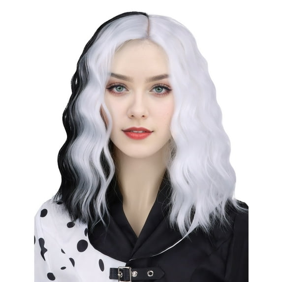 FEOYA Women Ombre Wigs Curly Bob Wig Shoulder Length Synthetic Heat Resistant Wigs Half Black Half White Wigs Lady Short Curly Wavy Bob Wig Hair for Carnival Nightclub Showing