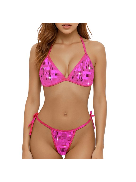 Women Sparkling Bikini Set Laidies Glossy Triangle Thong Bikini Set Two Sides Bikini Swimsuits Halter Spaghetti Strap Bathing Suit Two Piece S Pink