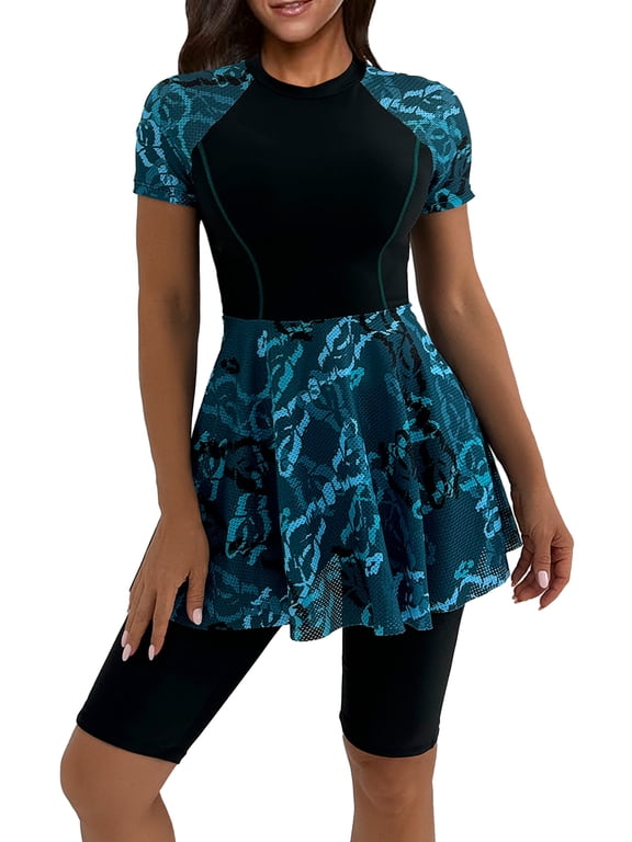 Women Split Two-Piece Swimsuit Short Sleeve Floral Print Swim Dress with Boyshorts Modest Bathing Suit Rash Guard Swimwear Black M