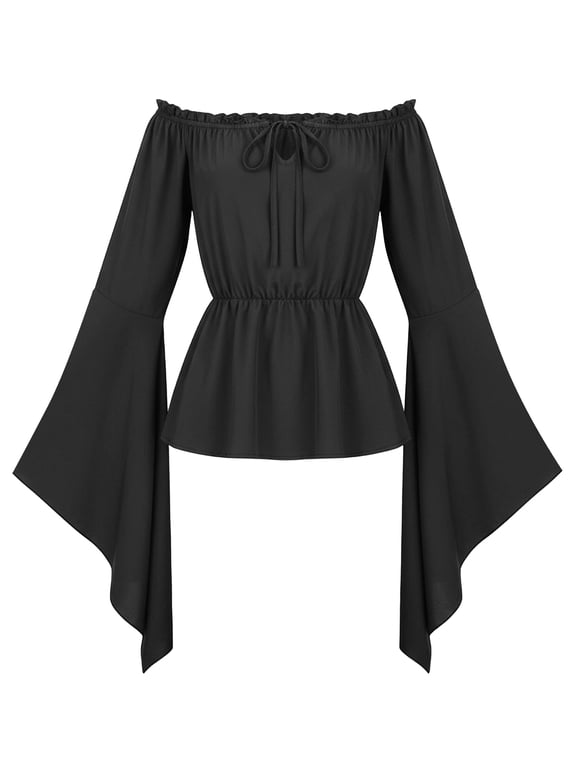 Women Steampunk Blouse Gothic Renaissance Tops Off Shoulder Vintage Victorian Shirt Flare Sleeves Medieval Pirate Tops M