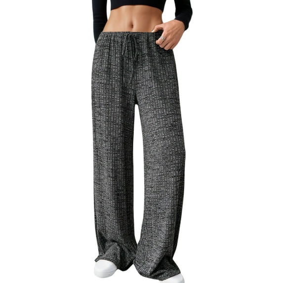 FEOYA Women Striped Pants Wide Leg Casual Cotton Sweatpants Ladies Elastic Waist Pants Drawstring Trousers with Pockets Knit Baggy Sweatpants Straight Legged Pants Solid Color L