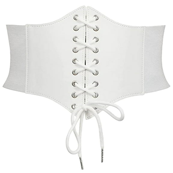 FEOYA Women Waist Belt Corset Lace Up Pirate Corset Belt Renaissance Corset Waistband Tied Waspie Wide Belt Vintage Elastic Belt PU Leathers Girdle White for Daily Wear Dresses