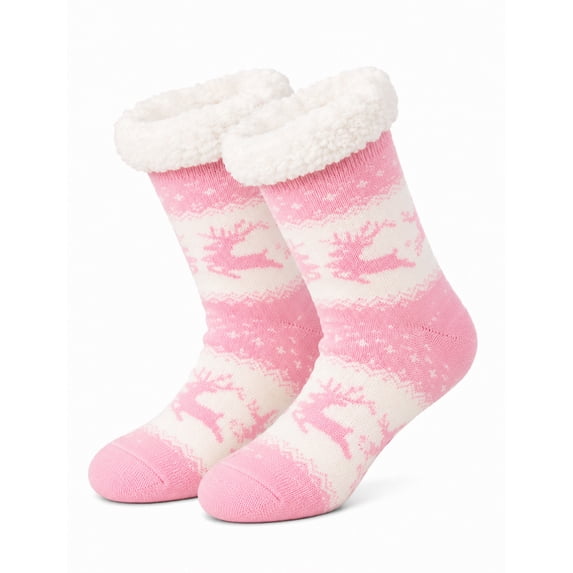 FEOYA Women Winter Slipper Socks Fuzzy Thick Socks with Grippers Cozy Christmas Gifts Socks Reindeer Pink for Outdoor Activities Xmas Holiday Lounge Indoor