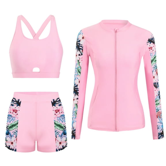 FEOYA Women’s 3 Piece Long Sleeve Swimsuits Rash Guard with Built-in Bra Surfing Bathing Suit Zip-Up Swimwear Sun Protection Quick Dry Boyshorts Swim Shirt L