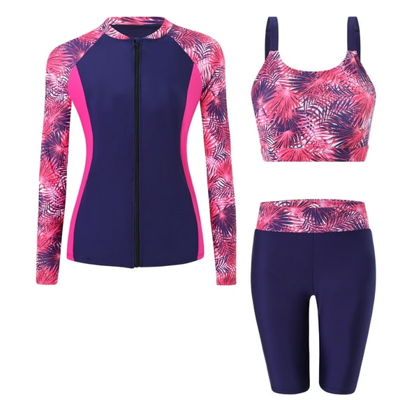FEOYA Women's 3 Piece Rash Guard Built-in Bra Long Sleeve Athletic Swimsuits Zip up Bathing Suits Modest Swimwear with Shorts Swim Shorts Top Shirt L