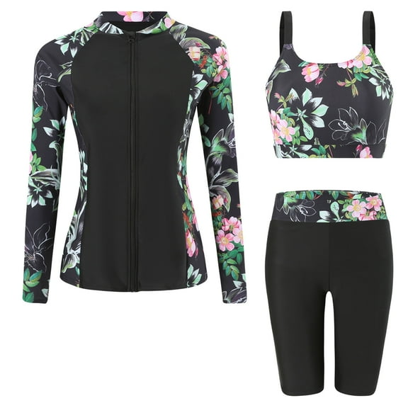 FEOYA Women's 3 Piece Rash Guard Built-in Bra Long Sleeve Athletic Swimsuits Zip up Bathing Suits Modest Swimwear with Shorts Swim Shorts Top Shirt L
