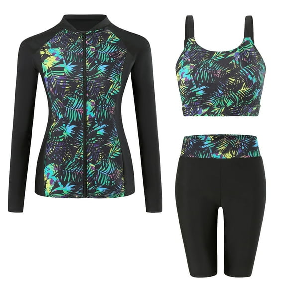 FEOYA Women's 3 Piece Rash Guard Built-in Bra Long Sleeve Athletic Swimsuits Zip up Bathing Suits Modest Swimwear with Shorts Swim Shorts Top Shirt L