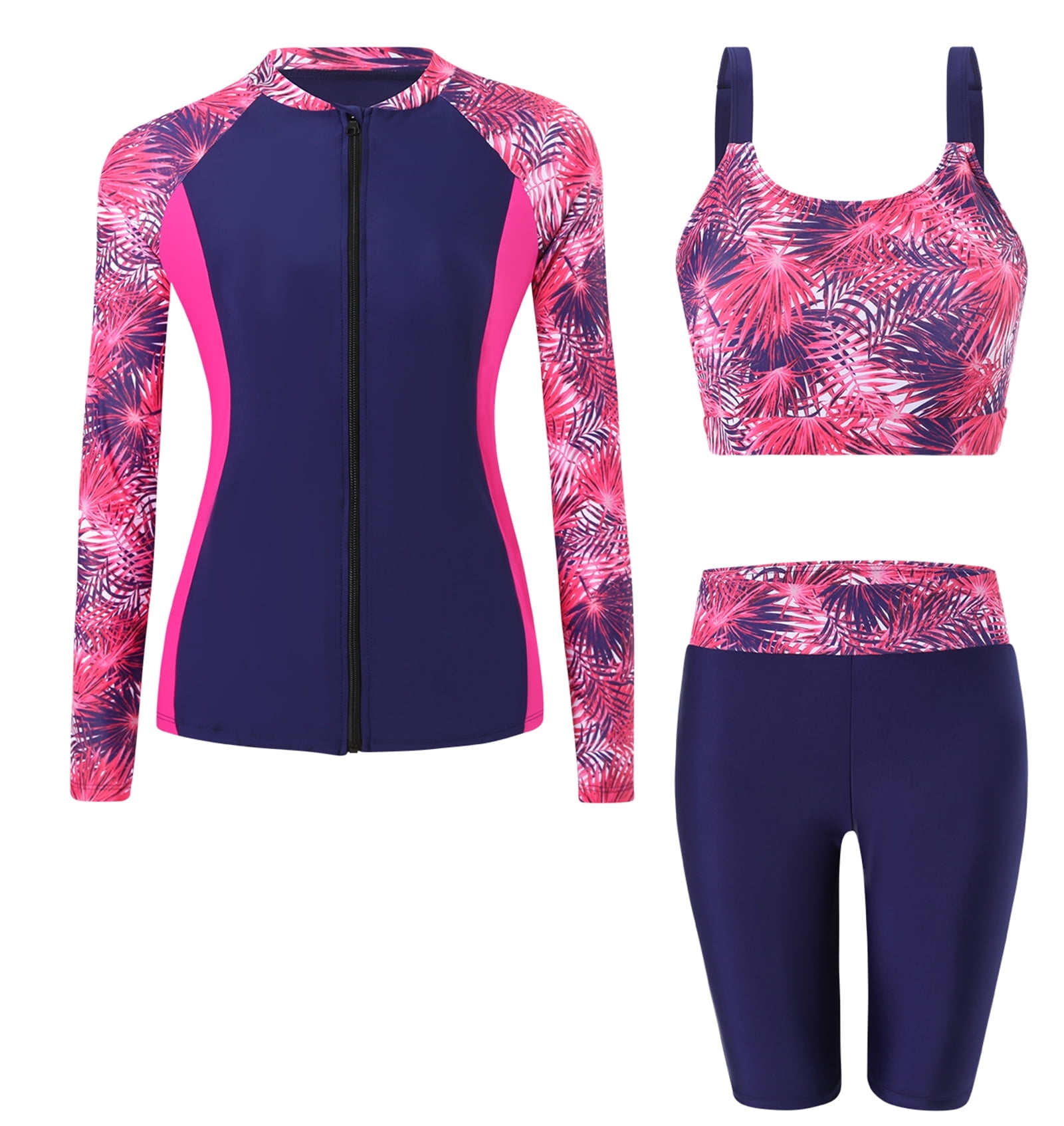 FEOYA Women's 3 Piece Rash Guard Built-in Bra Zip Front Bathing Suits Long Sleeve Athletic Swimsuits Swimwear Workout Modest Swim Top Shirt Shorts S