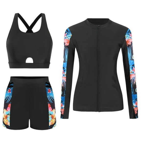 FEOYA Women’s 3 Piece Rash Guard Long Sleeve Swimsuits with Built-in Bra Bathing Suit Surfing Sun Protection Quick Dry Zip-Up Swimwear Boyshorts Swim Shirt S