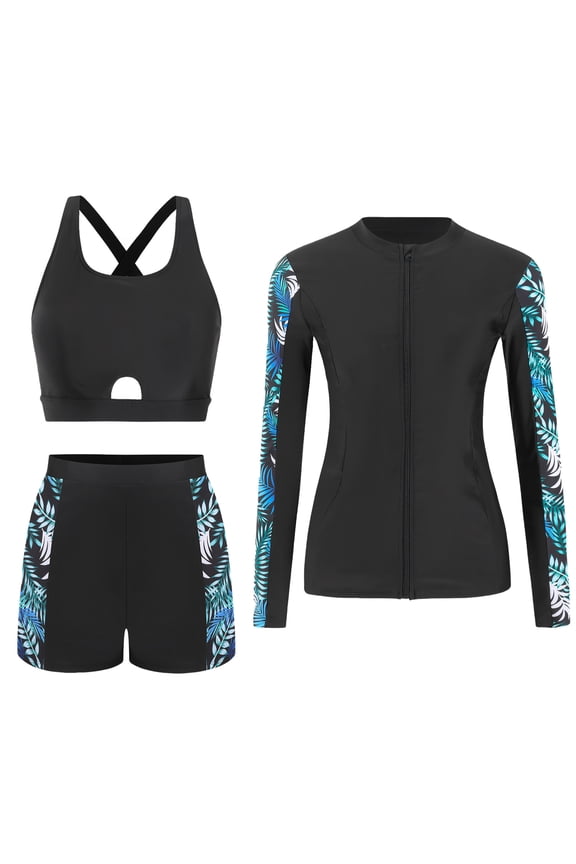 Women’s 3 Piece Rash Guard Long Sleeve Swimsuits with Built-in Bra Bathing Suit Surfing Sun Protection Zip-Up Swimwear Boyshorts Swim Shirt Quick Dry S