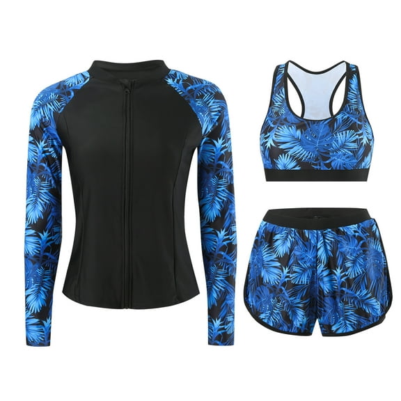 FEOYA Women's 3 Piece Rash Guard Long Sleeves Bathing Suit Tankini Swimsuits Modest Swimwear Swimming Costumes Sun Protection Surf Suit S Blue