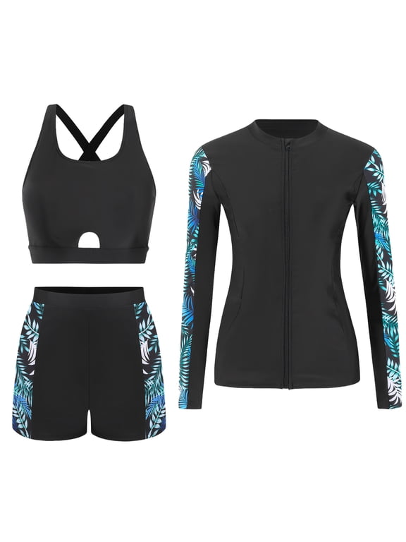 Women’s 3 Piece Rash Guard Swimsuits Bathing Suit Surfing Long Sleeve Swimwear Zip-Up with Built-in Bra Sun Protection Quick Dry Swim Shirt Boyshorts L