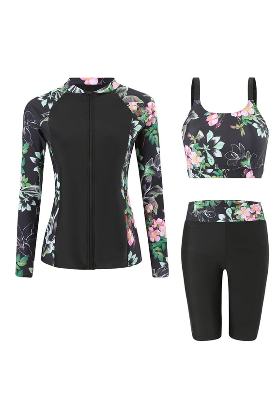 Women's 3 Piece Swimsuits Long Sleeve Athletic Rash Guard Zip Front Bathing Suit Modest Swimwear with Built-in Bra Shorts Swim Shorts Top Shirt XL