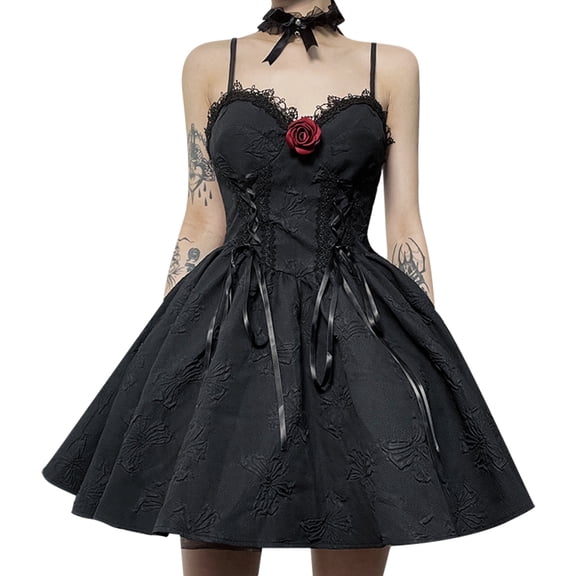 FEOYA Women's A Line Skater Vintage Gothic Lace Spaghetti Strap Dress