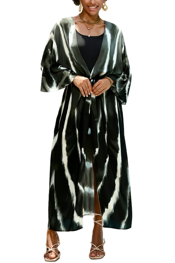 Women's Beach Cover Ups Open Front Tie Dye Maxi Cardigan Kimono Caftan Dress Swimsuit Striped Beach Cardigan with Belts Black