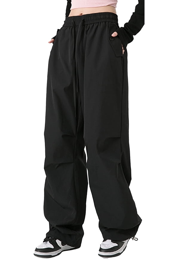 Women's Cargo Pants Parachute Y2K Streetwear Baggy Stretchy Drawstring Straight Trousers Ankle Cuffs Track Sweatpants with Pockets S