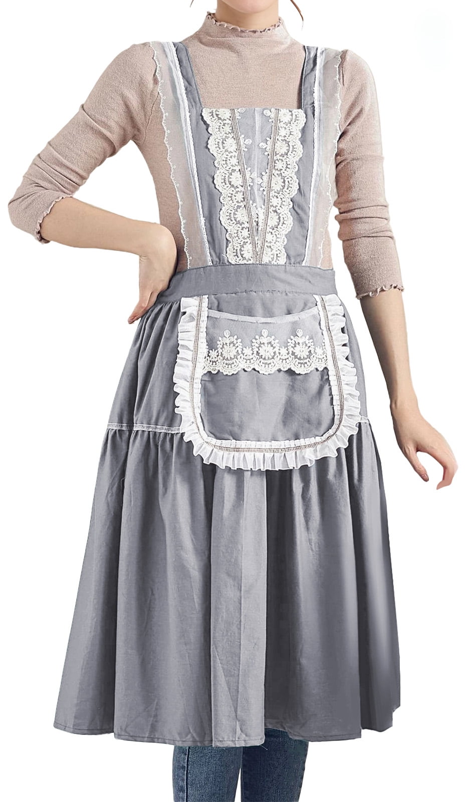 FEOYA Women's Cooking Apron Cotton Apron with Pockets Vintage Pinafore Apron Chef Lace Aprons Dress for Cooking Baking Gardening Work Cake Grey
