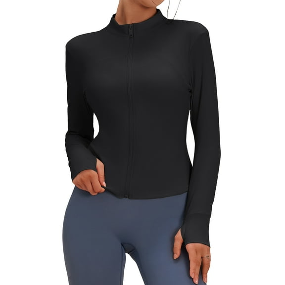 FEOYA Women's Cropped Running Workout Jackets Slim fit Athletic Yoga Jacket Full Zip Track Tops with Thumb Holes S Black