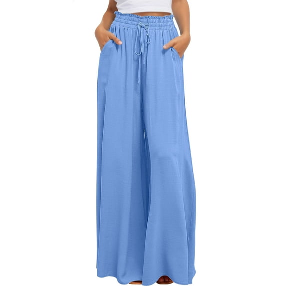 FEOYA Women's Flowy Wide Leg Pants Casual Palazzo Pants with Pockets Loose Elastic Waist Trousers High Waist Drawstring Pants Spring Summer 2XL