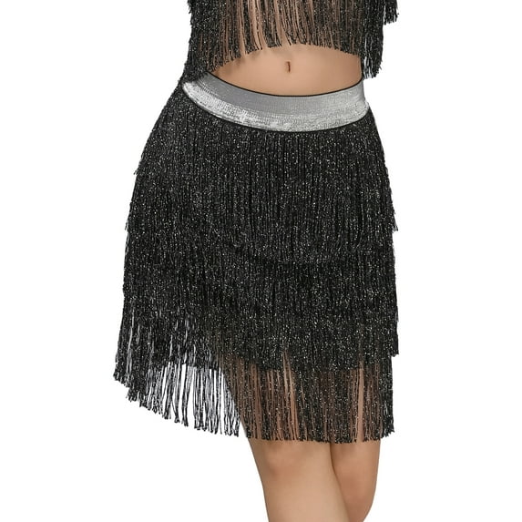 FEOYA Women's Fringe Dance Skirt Ladies Belly Dance Skirt Sequin Tassel Latin Skirt Sparkle Multi Layer Tassel Skirt S Black