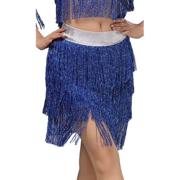 FEOYA Women's Fringe Dance Skirt Ladies Belly Dance Skirt Sequin Tassel Latin Skirt Sparkle Multi Layer Tassel Skirt S Blue