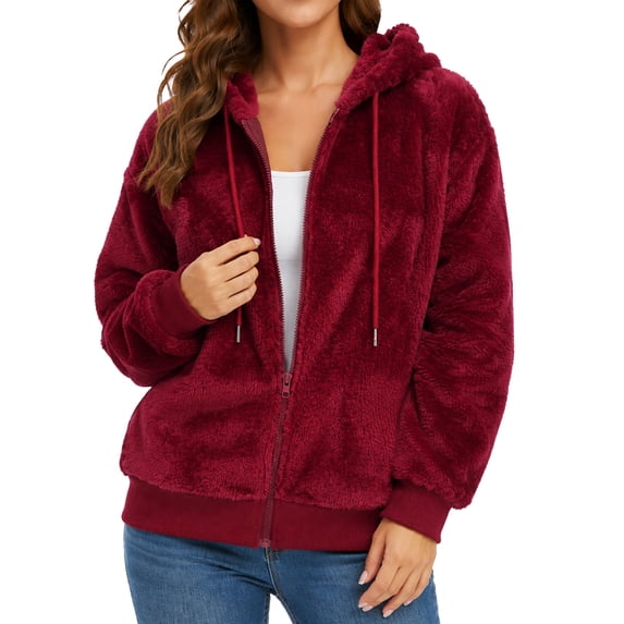 FEOYA Women's Fuzzy Fleece Jacket Hooded Zip Up Coat Soft Plush Sherpa Hoodie Long Sleeve Warm Winter Outerwear L Burgundy