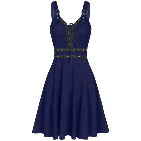 FEOYA Women’s Gothic Lace-Up Dress Ladies Punk A-Line Dresses Adjustable Strap Goth Dresses Sleeveless Steampunk Dress XL Blue