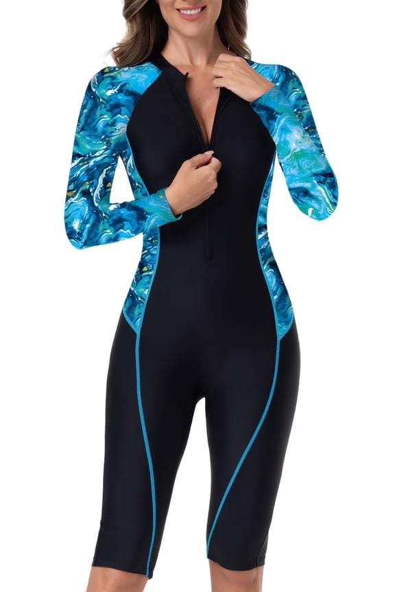 Women's Long Sleeve Swimsuit Boyleg One Piece Rash Guard Zip Up Bathing Suit Surf Swimsuit Built in Bra Athletic Swimwear XL