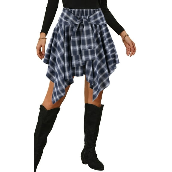 FEOYA Women's Plaid Skirts High Waisted Knot Front Asymmetrical Ladies Irregular Skirts Y2k Hem Mini Streetwear M