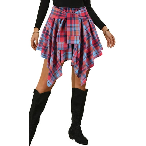 FEOYA Women's Plaid Skirts High Waisted Ladies Asymmetrical Y2k Skirt Irregular Hem Mini Skirts Tie Front Pleated Streetwear L