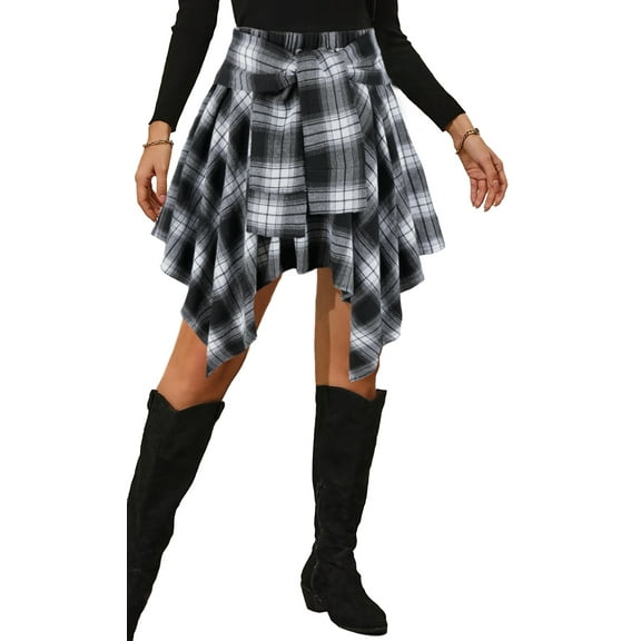 FEOYA Women's Plaid Skirts High Waisted Ladies Asymmetrical Y2k Skirt Irregular Hem Mini Skirts Tie Front Pleated Streetwear L